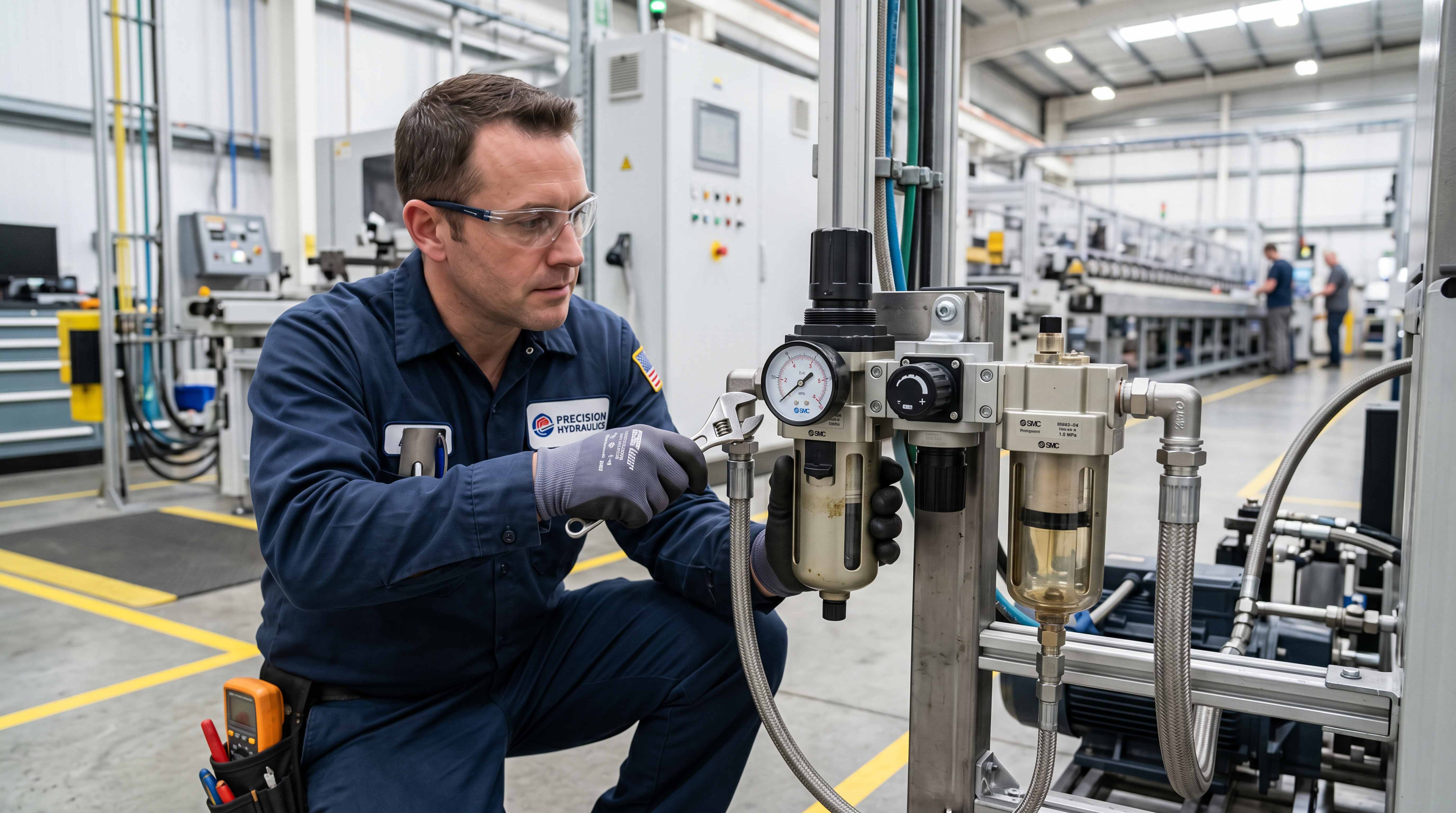 Technician inspecting an air filter regulator and FRL unit for pneumatic actuator maintenance and instrument air quality control